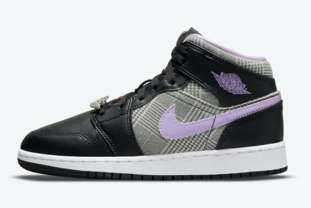 Air Jordan 1 Mid SE GS 'Houndstooth' Black/Lilac-White-Metallic Silver DC7226-015: Stylish Sneakers for Girls